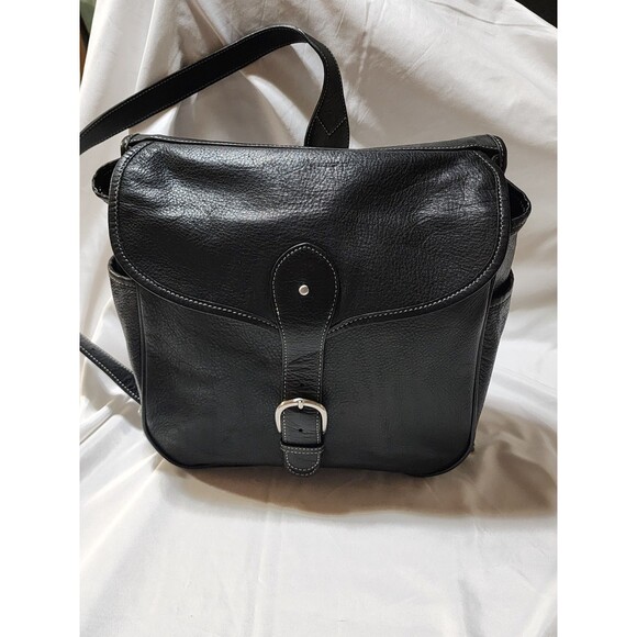 Levenger Black Leather Backpack Day One Shoulder Bag Sling Swing Pack Saddle Bag - Picture 6 of 16